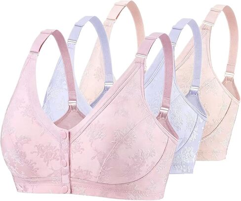 Women's Pure Cotton Easy Front Snap Sports Padded Bra Wireless Post-Surgery Active Yoga Sleep Adjustable Bras 3 Pack in Kuwait