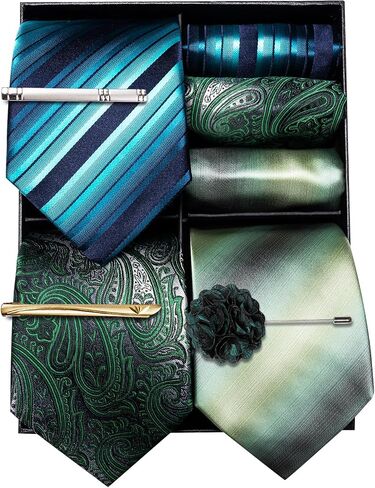 Barry.Wang Mens Gift Box Tie Set 3PCS Silky Stripe Paisley Necktie Pocket Square Cufflinks Business Wedding in Kuwait