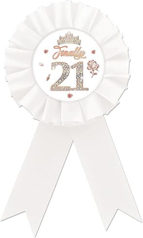 Finally 21 Tinplate Badge Pin, Happy 21st Birthday Button Pin, Rose Gold Crown Happy Birthday White Rosette Badge Pin for Women, Diamond Brooch Buttons for Twenty One Birthday Party in Kuwait