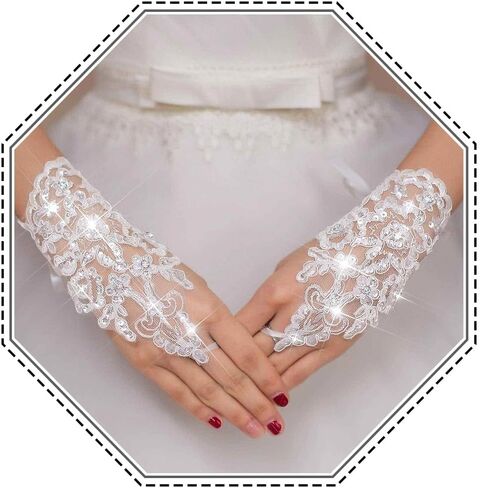 Latious Wedding Bride Lace Gloves Fingerless Bridal Gloves White Rhinestone Glove Short Party Prom Glove Accessories for Women and Brides in Kuwait