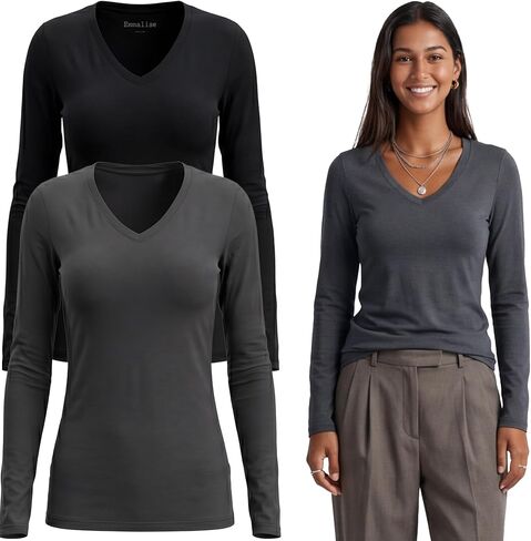 Emmalise Women's Junior and Plus Size Vneck Tshirt Long Sleeves Shirt Tee in Kuwait