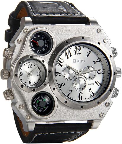 Avaner Mens Big Face Watch, Dual Time Zone Leather Strap Sport Watch, Analog Quartz Wrist Watch with Decorative Compass Thermometer Dial in Kuwait