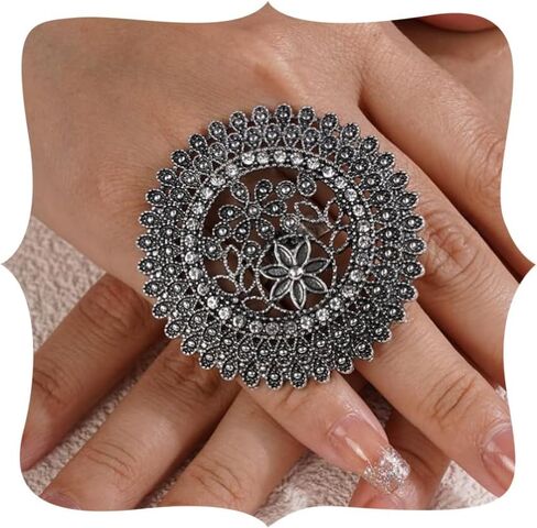 Rhinestone Big Round Ring Open Wrap Ring Vintage Ring with Flower Engraved Statement Ring Adjustable Finger Ring Indian Ring for Women and Girls（Gold） in Kuwait