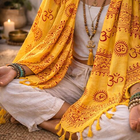 وشاح Tribe Azure Large Om وشاح يوجا من مزيج القطن الناعم المطبوع يدويًا بوهو بوهيمي أبيض وأسود وأصفر in Kuwait
