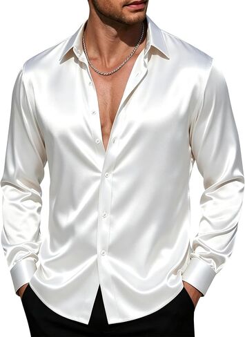 J.VER Men's Silk Satin Long Sleeve Dress Shirts Shiny Casual Button Down Shirt Luxury Party Prom Shirts in Kuwait