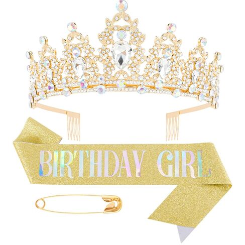 Didder Silver Birthday Girl Sash & AB Crystal Crown Set, Birthday Crown Birthday Tiara for Women Birthday Crowns for Women Girls Birthday Sash and Tiara for Women Happy Birthday Gift in Kuwait