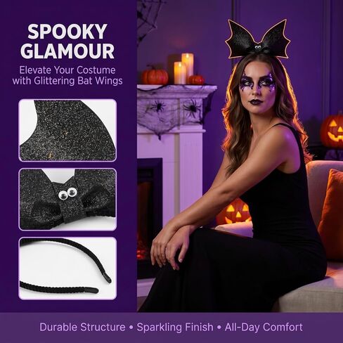Lurrose Bat Wing Headband Devil Bat Hairband Glitter Bat Wings Headpiece Bat Wing Headdress for Halloween Dress Up, Black in Kuwait
