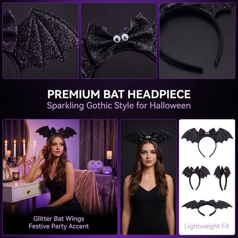 Lurrose Bat Wing Headband Devil Bat Hairband Glitter Bat Wings Headpiece Bat Wing Headdress for Halloween Dress Up, Black in Kuwait