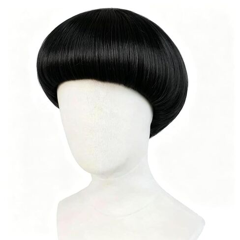 JoneTing 24.5cm/10Inch Black Mushroom Wig【+Wig Cap】 Bowl Cut Wig Men for Halloween Party Wigs Short Black Funny Wig for Man Synthetic Wig With Bang for Chrismas Cosplay Costume in Kuwait