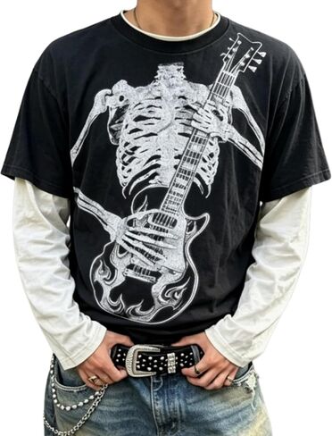 Goth Shirt Gothic Shirt Fake Two-Piece Alternative Clothing Goth Long Sleeve Top Grunge Clothes in Kuwait