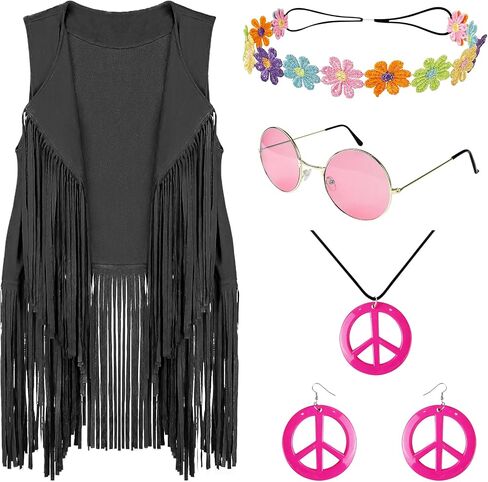 FunMular 60s 70s Outfits for Women Hippie Costume Set Peace Sign Earring Headband Fringe Vest Tassel Cardigan in Kuwait