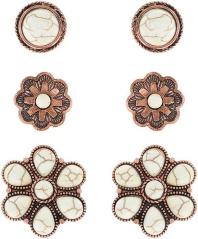 NIVEK Set of 3 White Turquoise Color Stud Earrings Copper Antique Finish Western Boho Flower Round Bohemian Southwestern in Kuwait