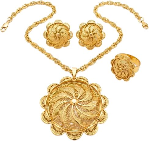 Gold Plated Ethiopian Jewelry Sets for Women Copper Material Habesha Pendant Earrings Ring Jewelry in Kuwait