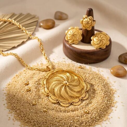 Gold Plated Ethiopian Jewelry Sets for Women Copper Material Habesha Pendant Earrings Ring Jewelry in Kuwait