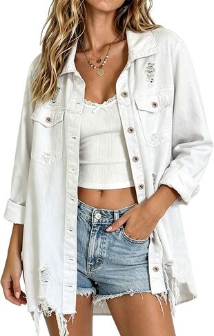 CHARTOU Women's Casual Distressed Long Sleeve Button Down Shirt Ripped Denim Jacket Jean Coat in Kuwait