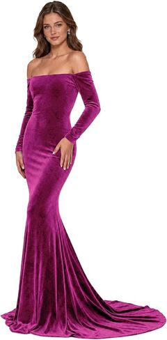 TTYbridal Velvet Off Shoulder Court Train Prom Dress Mermaid Evening Gown with Long Sleeves EV004E in Kuwait