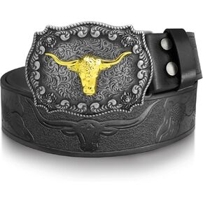 RechicGu Western Cowboy Black Leather Belts With Long Horn Bull Buckles, Floral Engraved Rodeo Belt Strap for Men Women Gift in Kuwait