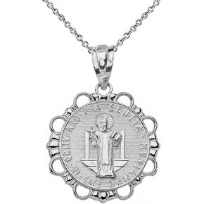 Sterling Silver Medalla De San Benito Saint St Benedict Round Necklace with Rolo Chain and Pendant only in Kuwait