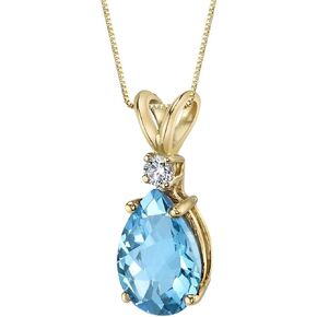 Peora 14K Yellow Gold Swiss Blue Topaz with Diamond Pendant for Women, Genuine Gemstone Birthstone Elegant Teardrop Solitaire, Pear Shape, 10x7mm, 2.30 Carats total in Kuwait