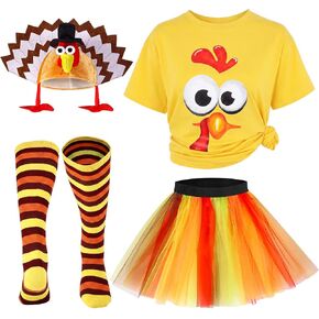 HooLing 4 Pcs Thanksgiving Turkey Costumes Set for Women Turkey Face T Shirt Tutu Skirt Knee High Socks Gobbler Hats in Kuwait