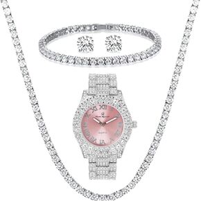 Women's Iced out Watches with Diamond Stud Earrings and Flawless blinged out Cross Tennis Necklace & Bracelet - 4pc Cross Set in Saudi Arabia