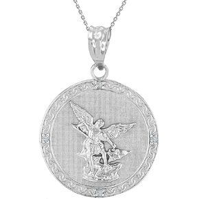 .925 Sterling Silver Saint Michael The Archangel White Cubic Zirconia Accented 1" Medal Pendant Necklace with Rolo Chain and Pendant only in Kuwait