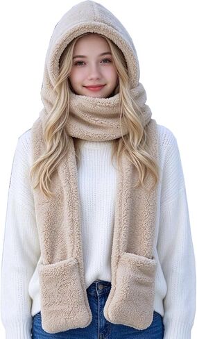 Maleroads 3 in 1 Women Girl Hooded Scarf With Pockets Hat Scarf Gloves Set in Kuwait
