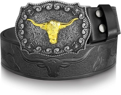 RechicGu Western Cowboy Black Leather Belts With Long Horn Bull Buckles, Floral Engraved Rodeo Belt Strap for Men Women Gift in Kuwait