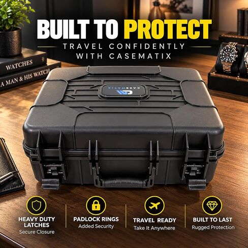 CASEMATIX Watch Travel Case With 42 Watch Roll Holder Slots- Impact Resistant Watch Case With Foam Watch Box Interior and Two Removable Display Trays, Watch Storage Fits 24mm to 56mm Faces in Kuwait