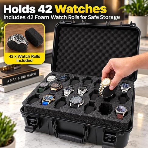 CASEMATIX Watch Travel Case With 42 Watch Roll Holder Slots- Impact Resistant Watch Case With Foam Watch Box Interior and Two Removable Display Trays, Watch Storage Fits 24mm to 56mm Faces in Kuwait