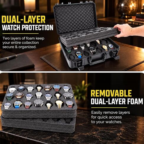 CASEMATIX Watch Travel Case With 42 Watch Roll Holder Slots- Impact Resistant Watch Case With Foam Watch Box Interior and Two Removable Display Trays, Watch Storage Fits 24mm to 56mm Faces in Kuwait