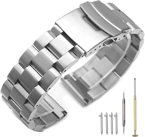 Kai Tian Stainless Steel Watch Band Brushed Finish Metal Watch Strap 18mm/20mm/22mm/24mm Double Buckle Bracelet Black Silver in Kuwait