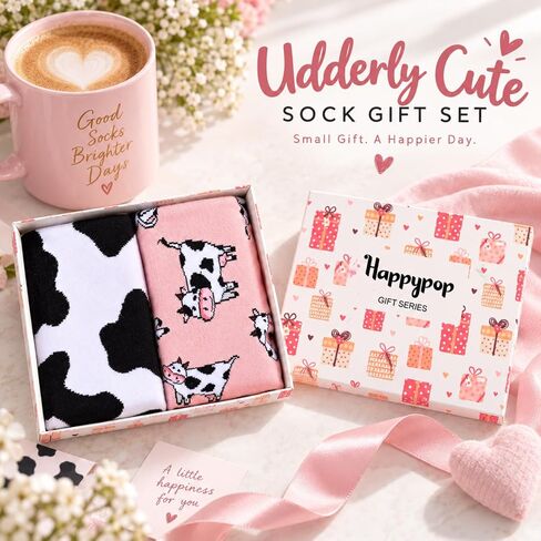 HAPPYPOP Funny Cow Lover Gifts for Women, Novelty Cow Socks Cow Print Stuff Bee Socks Giraffe Socks 2 Pack in Kuwait