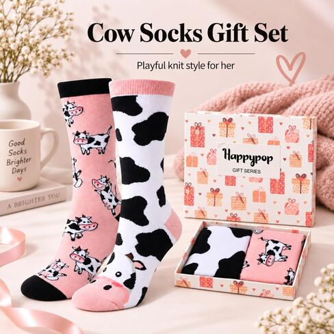 HAPPYPOP Funny Cow Lover Gifts for Women, Novelty Cow Socks Cow Print Stuff Bee Socks Giraffe Socks 2 Pack in Kuwait