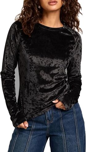 Women's Vintage Velvet T-Shirt Casual Long Sleeve Top in Kuwait