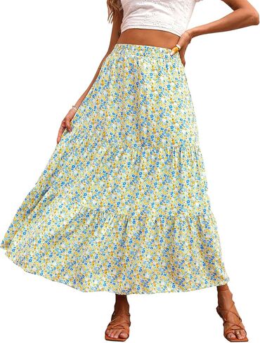 KIRUNDO 2023 Fall Women's High Waist Boho Floral Maxi Skirt Casual Flowy Swing Pleated A Line Beach Long Skirts in Kuwait
