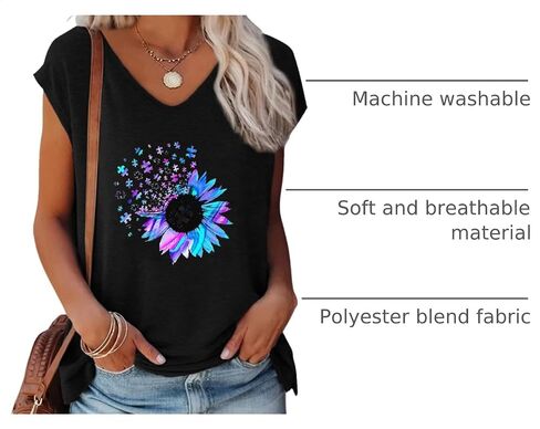 Anbech Cap Sleeve Tops Women Graphic V Neck Tank Tops Solid Print Casual T-Shirts in Kuwait
