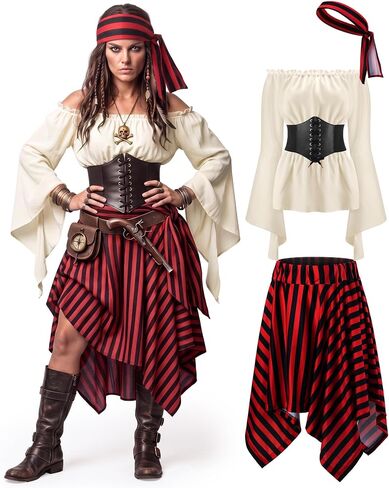 Shihanee 4 Pcs Womens Pirate Costume Cosplay Renaissance Blouse Tops Corset Waist Belt Pirate Skirt Stripes Headscarf in Kuwait