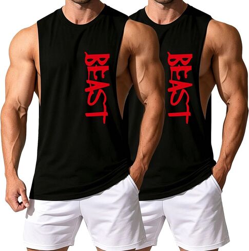 Cuifutang Men's Muscle Tank Top Beast Gym Fitness Workout Undershirt Tee Cut Open Sides Sleeveless Cotton T-Shirt in Kuwait