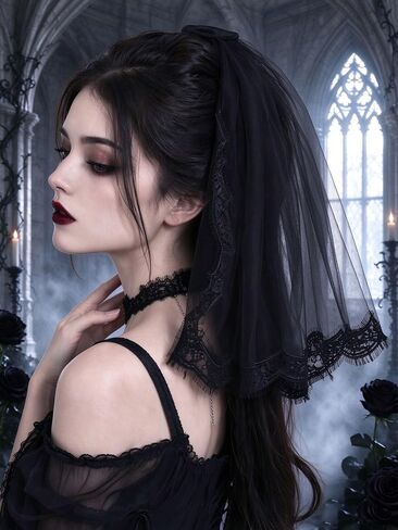 Ursumy Black Flower Veil Short Bride Wedding Lace Veil 2T Soft Tulle Bridal Veils with Comb in Kuwait