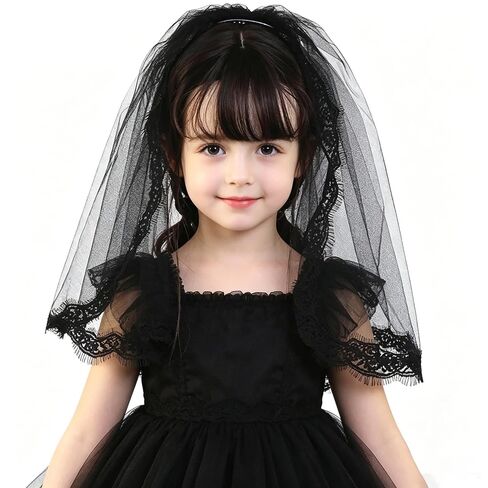 Ursumy Black Flower Veil Short Bride Wedding Lace Veil 2T Soft Tulle Bridal Veils with Comb in Kuwait