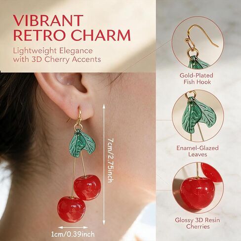 T-ztoss 18K Gold Plated Vintage 3D Red Big Cherry Charm& Green Crystal Leaf Fruit Tassel Women Hook Dangle Drop Earrings for Women Friends Girls in Saudi Arabia