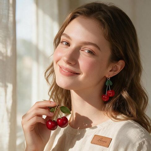 T-ztoss 18K Gold Plated Vintage 3D Red Big Cherry Charm& Green Crystal Leaf Fruit Tassel Women Hook Dangle Drop Earrings for Women Friends Girls in Saudi Arabia