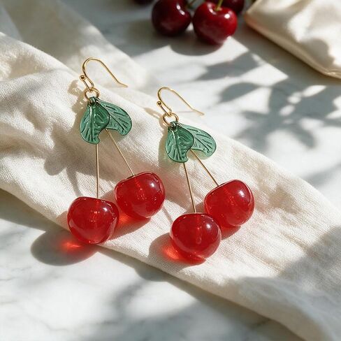 T-ztoss 18K Gold Plated Vintage 3D Red Big Cherry Charm& Green Crystal Leaf Fruit Tassel Women Hook Dangle Drop Earrings for Women Friends Girls in Saudi Arabia