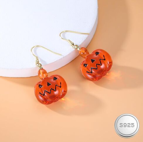 Reffeer Solid 925 Sterling Silver Halloween Pumpkin Dangle Earrings Drops for Women Girls Pumpkin Drop Earrings Hook Studs in Kuwait