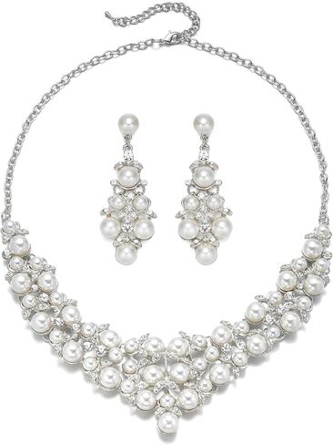 BriLove Women's Wedding Bridal Crystal Cream Simulated Pearl Cluster Statement Necklace Dangle Earrings Set in Kuwait
