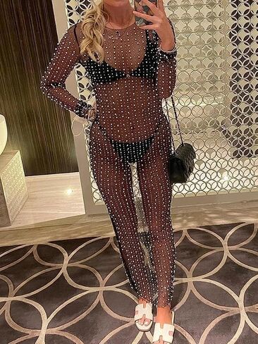 Women Sexy Pearl See Through Long Sleeve Crop Tops Mesh Sheer Rhinestone Blouse Shirts Party Clubwear in Kuwait