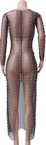 Women Sexy Pearl See Through Long Sleeve Crop Tops Mesh Sheer Rhinestone Blouse Shirts Party Clubwear in Kuwait