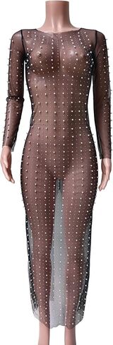 Women Sexy Pearl See Through Long Sleeve Crop Tops Mesh Sheer Rhinestone Blouse Shirts Party Clubwear in Kuwait