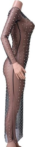 Women Sexy Pearl See Through Long Sleeve Crop Tops Mesh Sheer Rhinestone Blouse Shirts Party Clubwear in Kuwait